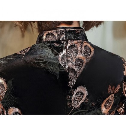 Oriental Beauty Plush Velvet Black Midi Cheongsam 1316-99
