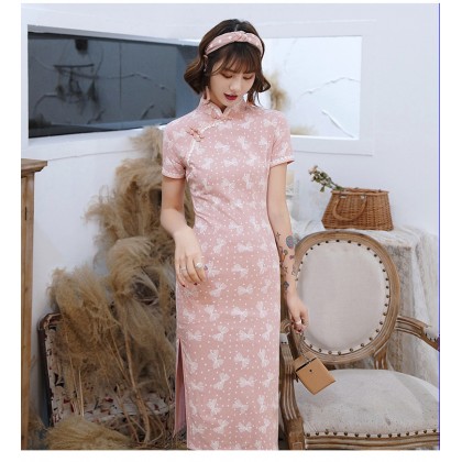 Pink Bow Cotton Midi Cheongsam 1048-20 Pink Bow Cotton Midi Cheongsam 1048-20