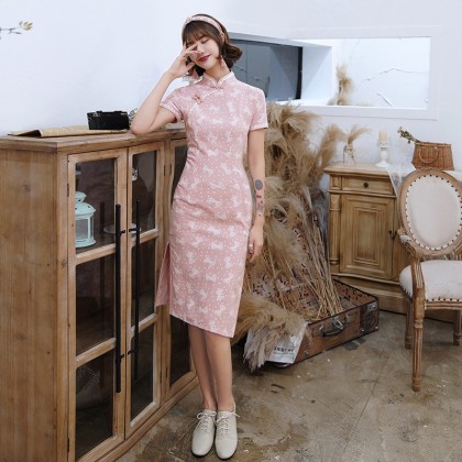 Pink Bow Cotton Midi Cheongsam 1048-20 Pink Bow Cotton Midi Cheongsam 1048-20