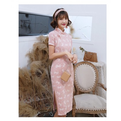 Pink Bow Cotton Midi Cheongsam 1048-20 Pink Bow Cotton Midi Cheongsam 1048-20