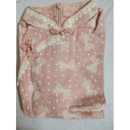 Pink Bow Cotton Midi Cheongsam 1048-20 Pink Bow Cotton Midi Cheongsam 1048-20