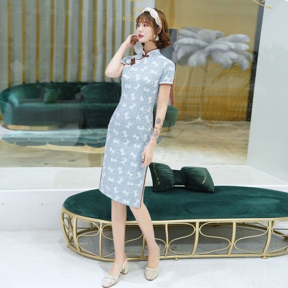 Blue Bow Cotton Midi Cheongsam 1048-70