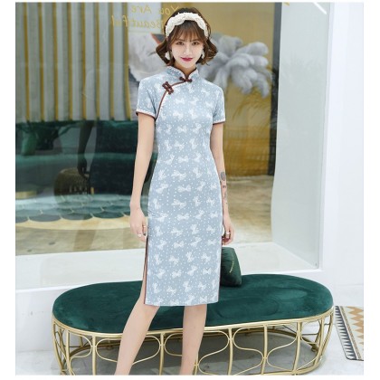 Blue Bow Cotton Midi Cheongsam 1048-70