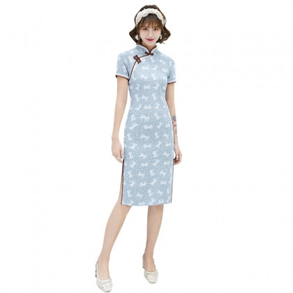 Blue Bow Cotton Midi Cheongsam 1048-70