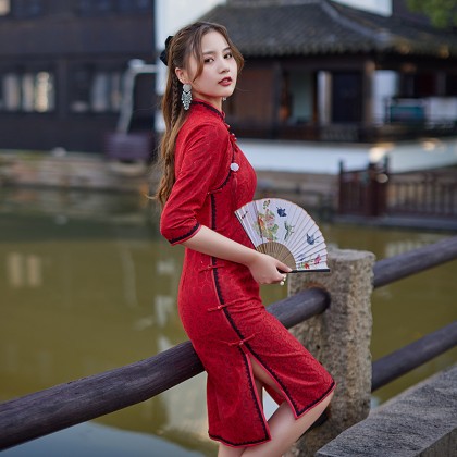 Suzhou 3/4 sleeve Lace Maroon Midi Cheongsam 1204-29 Suzhou 3/4 sleeve Lace Maroon Midi Cheongsam 1204-29