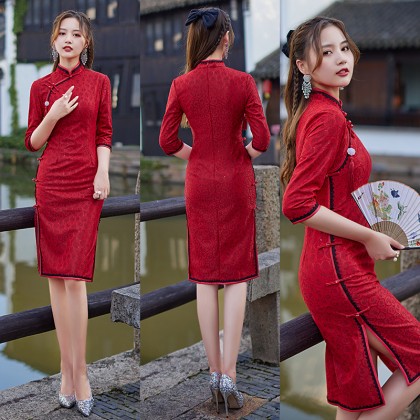 Suzhou 3/4 sleeve Lace Maroon Midi Cheongsam 1204-29 Suzhou 3/4 sleeve Lace Maroon Midi Cheongsam 1204-29