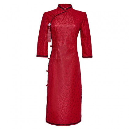 Suzhou 3/4 sleeve Lace Maroon Midi Cheongsam 1204-29 Suzhou 3/4 sleeve Lace Maroon Midi Cheongsam 1204-29