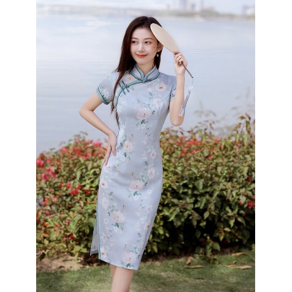 Elegant Faux Silk Blue Retro Midi Cheongsam 1043-70 Elegant Faux Silk Blue Retro Midi Cheongsam 1043-70