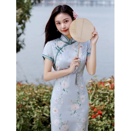Elegant Faux Silk Blue Retro Midi Cheongsam 1043-70 Elegant Faux Silk Blue Retro Midi Cheongsam 1043-70