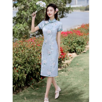 Elegant Faux Silk Blue Retro Midi Cheongsam 1043-70 Elegant Faux Silk Blue Retro Midi Cheongsam 1043-70