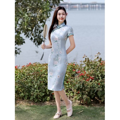 Elegant Faux Silk Blue Retro Midi Cheongsam 1043-70 Elegant Faux Silk Blue Retro Midi Cheongsam 1043-70