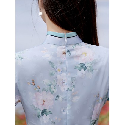 Elegant Faux Silk Blue Retro Midi Cheongsam 1043-70 Elegant Faux Silk Blue Retro Midi Cheongsam 1043-70