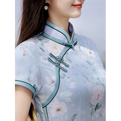 Elegant Faux Silk Blue Retro Midi Cheongsam 1043-70 Elegant Faux Silk Blue Retro Midi Cheongsam 1043-70