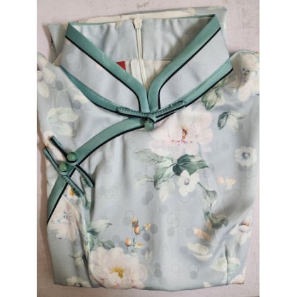 Elegant Faux Silk Blue Retro Midi Cheongsam 1043-70 Elegant Faux Silk Blue Retro Midi Cheongsam 1043-70
