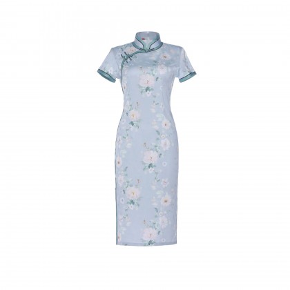 Elegant Faux Silk Blue Retro Midi Cheongsam 1043-70 Elegant Faux Silk Blue Retro Midi Cheongsam 1043-70