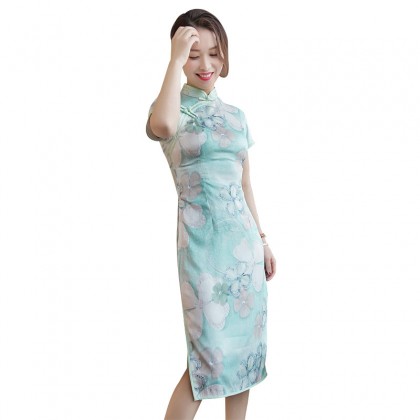 Elegant Faux Silk Green Midi Cheongsam 1049-50