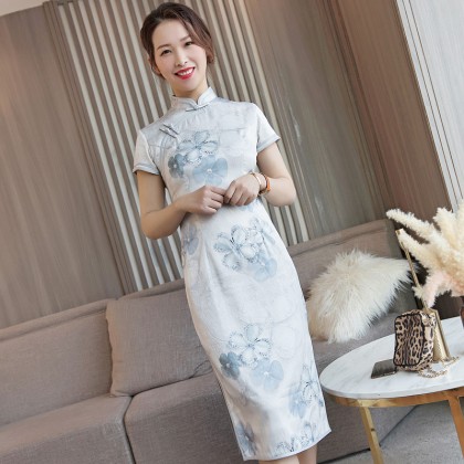 Elegant Faux Silk Grey Midi Cheongsam 1049-91 