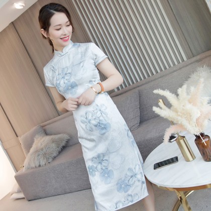 Elegant Faux Silk Grey Midi Cheongsam 1049-91 