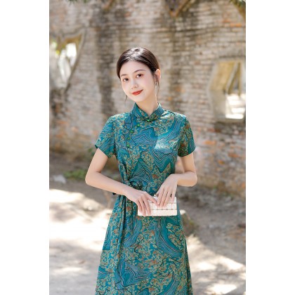 Hangzhou Vintage Faux Silk Green Cheongsam Dress 3045-50 Hangzhou Vintage Faux Silk Green Cheongsam Dress 3045-50