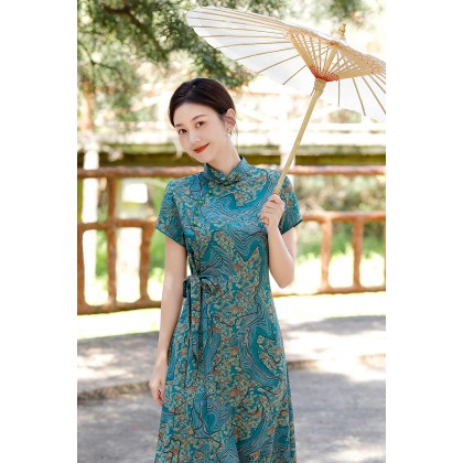 Hangzhou Vintage Faux Silk Green Cheongsam Dress 3045-50 Hangzhou Vintage Faux Silk Green Cheongsam Dress 3045-50
