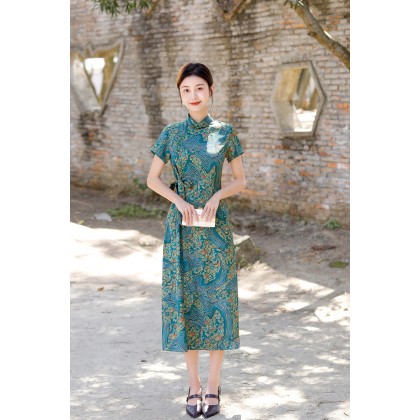 Hangzhou Vintage Faux Silk Green Cheongsam Dress 3045-50 Hangzhou Vintage Faux Silk Green Cheongsam Dress 3045-50