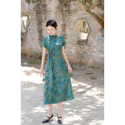 Hangzhou Vintage Faux Silk Green Cheongsam Dress 3045-50 Hangzhou Vintage Faux Silk Green Cheongsam Dress 3045-50