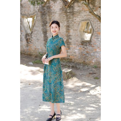 Hangzhou Vintage Faux Silk Green Cheongsam Dress 3045-50 Hangzhou Vintage Faux Silk Green Cheongsam Dress 3045-50