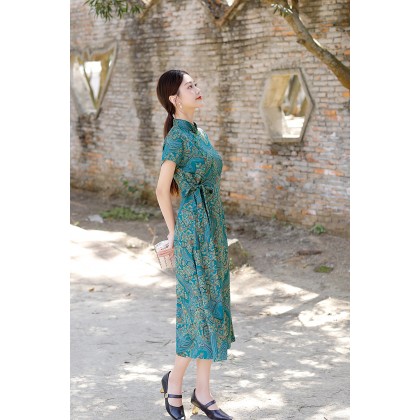 Hangzhou Vintage Faux Silk Green Cheongsam Dress 3045-50 Hangzhou Vintage Faux Silk Green Cheongsam Dress 3045-50