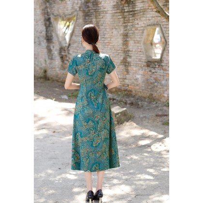 Hangzhou Vintage Faux Silk Green Cheongsam Dress 3045-50 Hangzhou Vintage Faux Silk Green Cheongsam Dress 3045-50