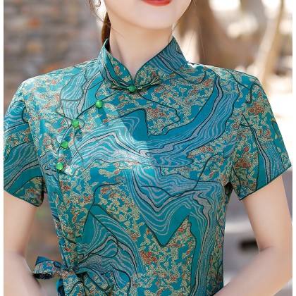 Hangzhou Vintage Faux Silk Green Cheongsam Dress 3045-50 Hangzhou Vintage Faux Silk Green Cheongsam Dress 3045-50