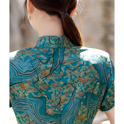 Hangzhou Vintage Faux Silk Green Cheongsam Dress 3045-50 Hangzhou Vintage Faux Silk Green Cheongsam Dress 3045-50