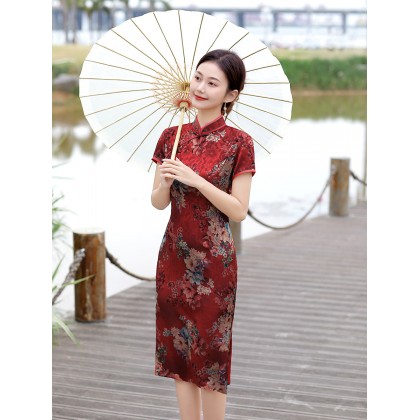 Vintage Fashionable Faux Silk Red Midi Cheongsam 1050-28 