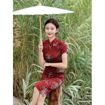 Vintage Fashionable Faux Silk Red Midi Cheongsam 1050-28 