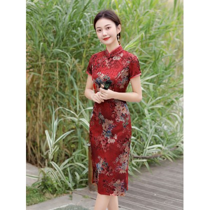 Vintage Fashionable Faux Silk Red Midi Cheongsam 1050-28 
