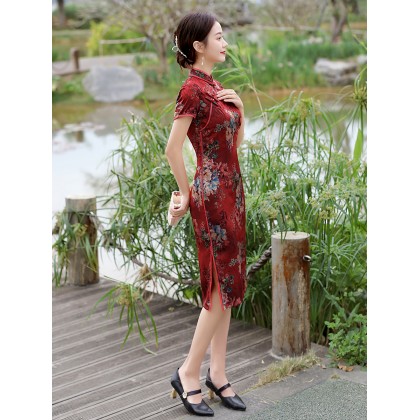 Vintage Fashionable Faux Silk Red Midi Cheongsam 1050-28 