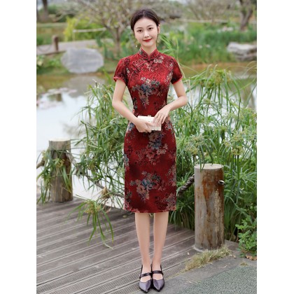 Vintage Fashionable Faux Silk Red Midi Cheongsam 1050-28 