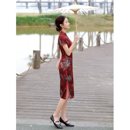 Vintage Fashionable Faux Silk Red Midi Cheongsam 1050-28 