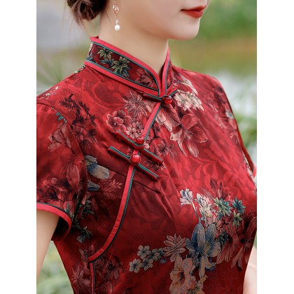 Vintage Fashionable Faux Silk Red Midi Cheongsam 1050-28 