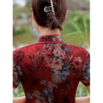 Vintage Fashionable Faux Silk Red Midi Cheongsam 1050-28 