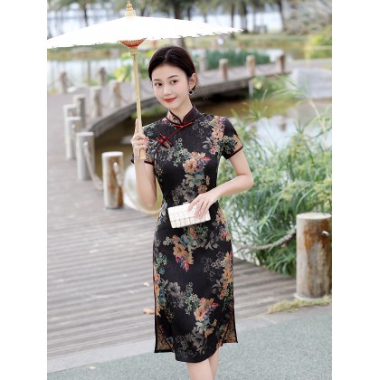Vintage Fashionable Faux Silk Black Midi Cheongsam 1050-99