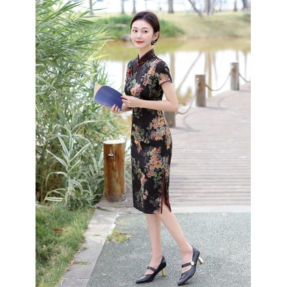 Vintage Fashionable Faux Silk Black Midi Cheongsam 1050-99 Vintage Fashionable Faux Silk Black Midi Cheongsam 1050-99