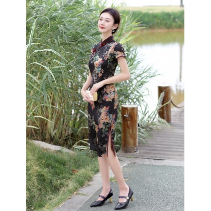 Vintage Fashionable Faux Silk Black Midi Cheongsam 1050-99