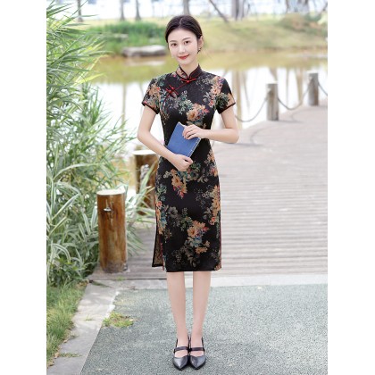 Vintage Fashionable Faux Silk Black Midi Cheongsam 1050-99