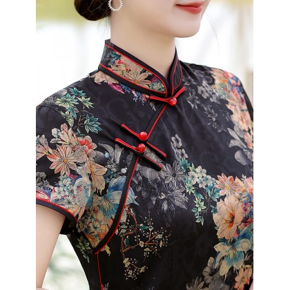 Vintage Fashionable Faux Silk Black Midi Cheongsam 1050-99