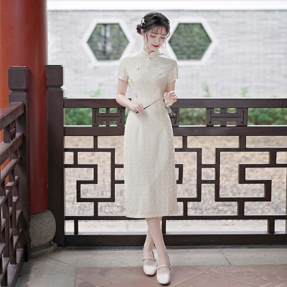 Hangzhou Sweet Lace Light Yellow Midi Cheongsam 1207-42 Hangzhou Sweet Lace Light Yellow Midi Cheongsam 1207-42