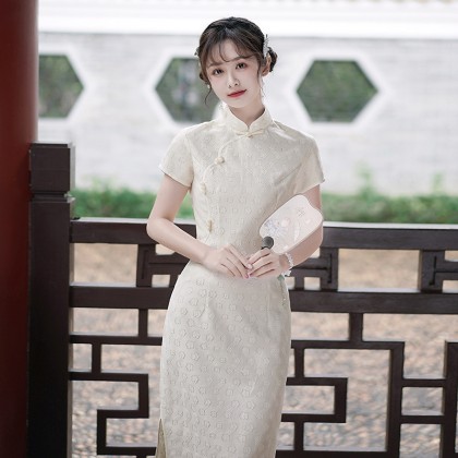 Hangzhou Sweet Lace Light Yellow Midi Cheongsam 1207-42 Hangzhou Sweet Lace Light Yellow Midi Cheongsam 1207-42
