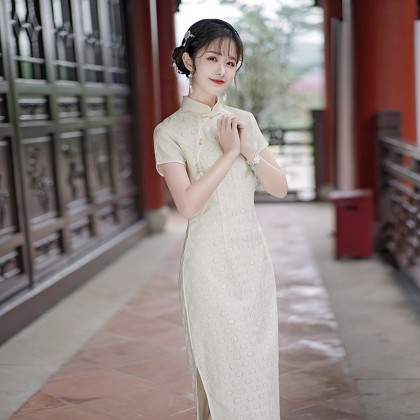 Hangzhou Sweet Lace Light Yellow Midi Cheongsam 1207-42 Hangzhou Sweet Lace Light Yellow Midi Cheongsam 1207-42