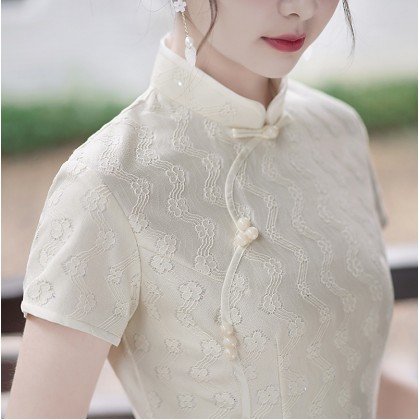 Hangzhou Sweet Lace Light Yellow Midi Cheongsam 1207-42 Hangzhou Sweet Lace Light Yellow Midi Cheongsam 1207-42