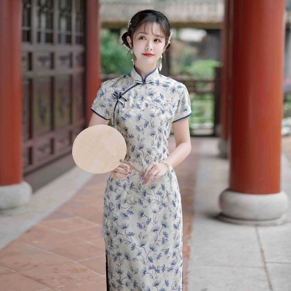 Hangzhou Sweet Lace Blue Midi Cheongsam 1207-70 Hangzhou Sweet Lace Blue Midi Cheongsam 1207-70