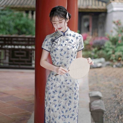 Hangzhou Sweet Lace Blue Midi Cheongsam 1207-70 Hangzhou Sweet Lace Blue Midi Cheongsam 1207-70